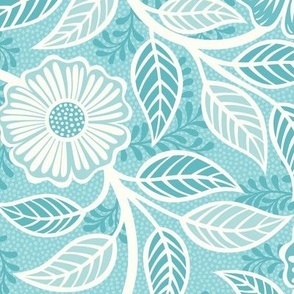 45 Soft Spring- Victorian Floral- Off White on Pool Blue- Climbing Vine with Flowers- Petal Signature Solids- Turquoise Blue- Light Bright Pastel Blue- Natural- William Morris Wallpaper- Medium