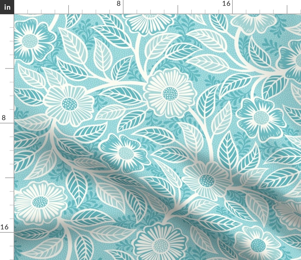 45 Soft Spring- Victorian Floral- Off White on Pool Blue- Climbing Vine with Flowers- Petal Signature Solids- Turquoise Blue- Light Bright Pastel Blue- Natural- William Morris Wallpaper- Medium