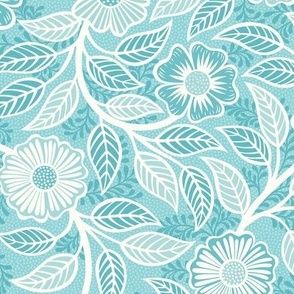 45 Soft Spring- Victorian Floral- Off White on Pool Blue- Climbing Vine with Flowers- Petal Signature Solids- Turquoise Blue- Light Bright Pastel Blue- Natural- William Morris Wallpaper- Small