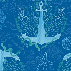 Ocean Anchor Damask on Blue - XL