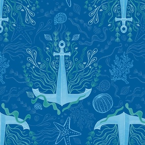 Ocean Anchor Damask on Blue - Large