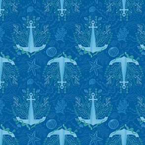 Ocean Anchor Damask on Blue