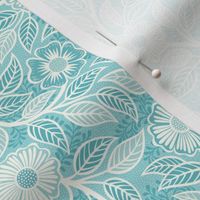 45 Soft Spring- Victorian Floral- Off White on Pool Blue- Climbing Vine with Flowers- Petal Signature Solids- Turquoise Blue- Light Bright Pastel Blue- Natural- William Morris Wallpaper- Mini