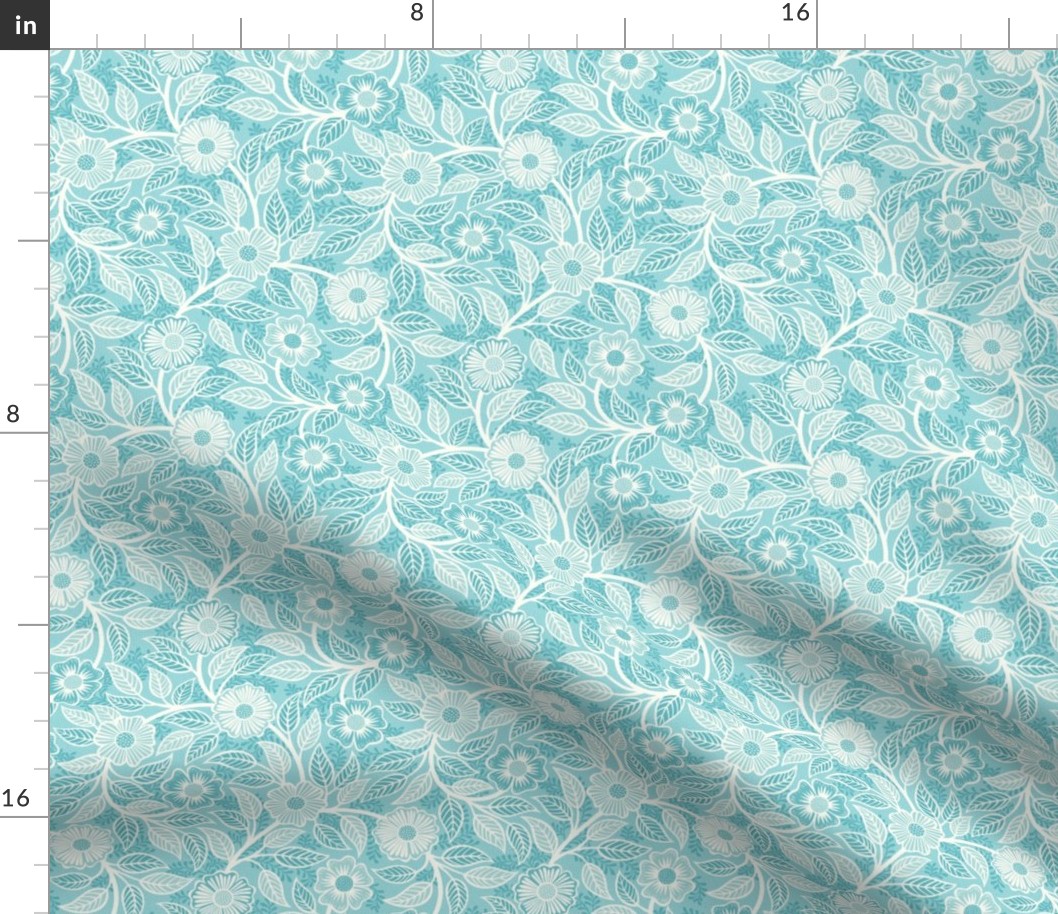45 Soft Spring- Victorian Floral- Off White on Pool Blue- Climbing Vine with Flowers- Petal Signature Solids- Turquoise Blue- Light Bright Pastel Blue- Natural- William Morris Wallpaper- Mini