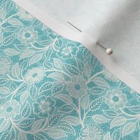 45 Soft Spring- Victorian Floral- Off White on Pool Blue- Climbing Vine with Flowers- Petal Signature Solids- Turquoise Blue- Light Bright Pastel Blue- Natural- William Morris Wallpaper- Micro