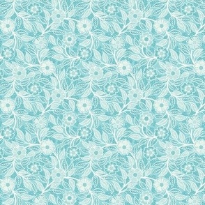 45 Soft Spring- Victorian Floral- Off White on Pool Blue- Climbing Vine with Flowers- Petal Signature Solids- Turquoise Blue- Light Bright Pastel Blue- Natural- William Morris Wallpaper- Micro