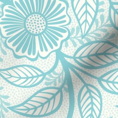45 Soft Spring- Victorian Floral- Pool Blue on Off White- Climbing Vine with Flowers- Petal Signature Solids- Turquoise Blue- Light Bright Pastel Blue- Natural- William Morris Wallpaper- Large