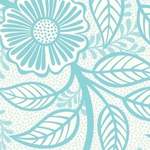 45 Soft Spring- Victorian Floral- Pool Blue on Off White- Climbing Vine with Flowers- Petal Signature Solids- Turquoise Blue- Light Bright Pastel Blue- Natural- William Morris Wallpaper- Large