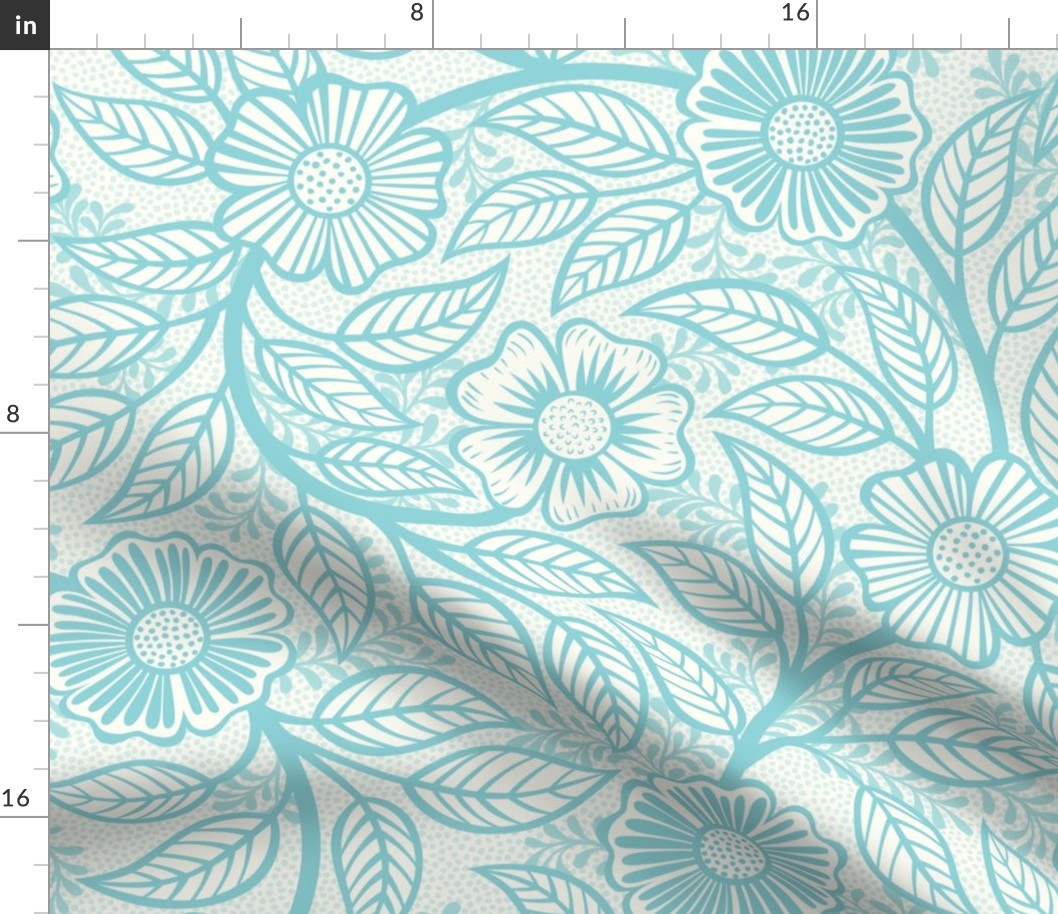 45 Soft Spring- Victorian Floral- Pool Blue on Off White- Climbing Vine with Flowers- Petal Signature Solids- Turquoise Blue- Light Bright Pastel Blue- Natural- William Morris Wallpaper- Large