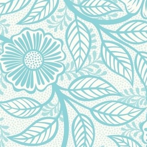 45 Soft Spring- Victorian Floral- Pool Blue on Off White- Climbing Vine with Flowers- Petal Signature Solids- Turquoise Blue- Light Bright Pastel Blue- Natural- William Morris Wallpaper- Medium