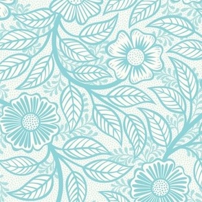 45 Soft Spring- Victorian Floral- Pool Blue on Off White- Climbing Vine with Flowers- Petal Signature Solids- Turquoise Blue- Light Bright Pastel Blue- Natural- William Morris Wallpaper- Small