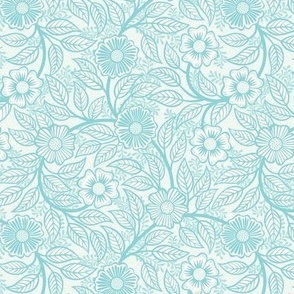 45 Soft Spring- Victorian Floral- Pool Blue on Off White- Climbing Vine with Flowers- Petal Signature Solids- Turquoise Blue- Light Bright Pastel Blue- Natural- William Morris Wallpaper- Mini