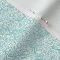 45 Soft Spring- Victorian Floral- Pool Blue on Off White- Climbing Vine with Flowers- Petal Signature Solids- Turquoise Blue- Light Bright Pastel Blue- Natural- William Morris Wallpaper- Micro