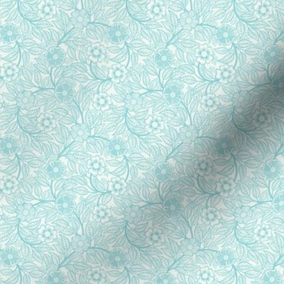 45 Soft Spring- Victorian Floral- Pool Blue on Off White- Climbing Vine with Flowers- Petal Signature Solids- Turquoise Blue- Light Bright Pastel Blue- Natural- William Morris Wallpaper- Micro