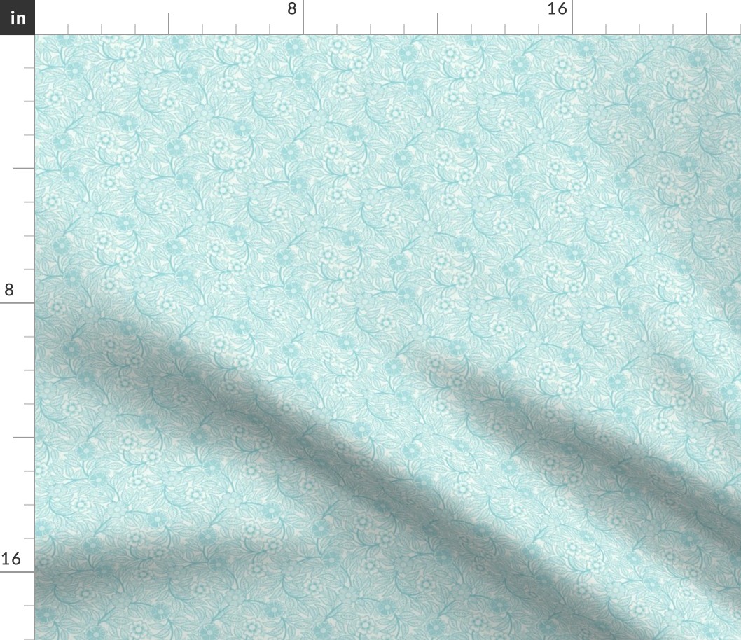 45 Soft Spring- Victorian Floral- Pool Blue on Off White- Climbing Vine with Flowers- Petal Signature Solids- Turquoise Blue- Light Bright Pastel Blue- Natural- William Morris Wallpaper- Micro