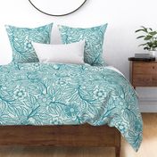 46 Soft Spring- Victorian Floral- Lagoon Blue on Off White- Climbing Vine with Flowers- Petal Signature Solids- Turquoise Blue- Teal Blue- Natural- William Morris Wallpaper- Extra Large
