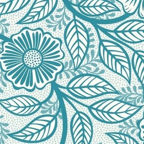 46 Soft Spring- Victorian Floral- Lagoon Blue on Off White- Climbing Vine with Flowers- Petal Signature Solids- Turquoise Blue- Teal Blue- Natural- William Morris Wallpaper- Medium