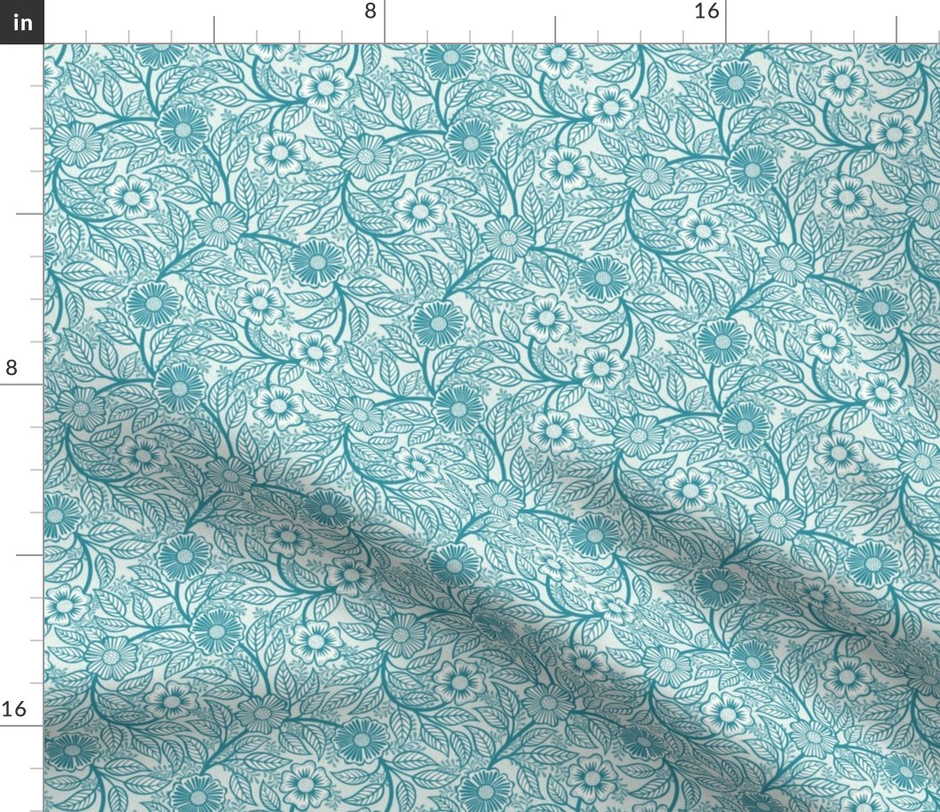 46 Soft Spring- Victorian Floral- Lagoon Blue on Off White- Climbing Vine with Flowers- Petal Signature Solids- Turquoise Blue- Teal Blue- Natural- William Morris Wallpaper- Mini