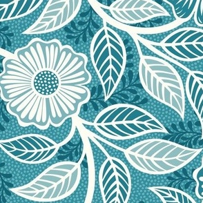 46 Soft Spring- Victorian Floral- Off White on Lagoon Blue- Climbing Vine with Flowers- Petal Signature Solids- Turquoise Blue- Teal Blue- Natural- William Morris Wallpaper- Medium