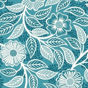 46 Soft Spring- Victorian Floral- Off White on Lagoon Blue- Climbing Vine with Flowers- Petal Signature Solids- Turquoise Blue- Teal Blue- Natural- William Morris Wallpaper- Small