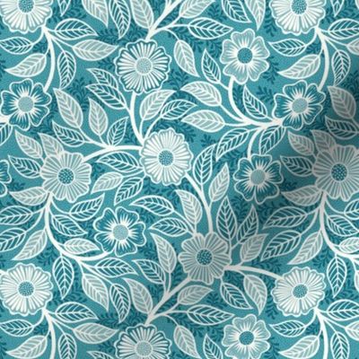 46 Soft Spring- Victorian Floral- Off White on Lagoon Blue- Climbing Vine with Flowers- Petal Signature Solids- Turquoise Blue- Teal Blue- Natural- William Morris Wallpaper- Mini