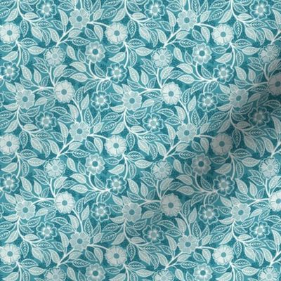 46 Soft Spring- Victorian Floral- Off White on Lagoon Blue- Climbing Vine with Flowers- Petal Signature Solids- Turquoise Blue- Teal Blue- Natural- William Morris Wallpaper- Micro