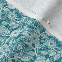 46 Soft Spring- Victorian Floral- Off White on Lagoon Blue- Climbing Vine with Flowers- Petal Signature Solids- Turquoise Blue- Teal Blue- Natural- William Morris Wallpaper- Micro