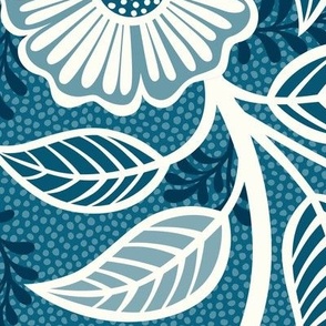 47 Soft Spring- Victorian Floral- Off White on Peacock Blue- Climbing Vine with Flowers- Petal Signature Solids- Turquoise Blue- Teal Blue- Natural- William Morris Wallpaper- Extra Large