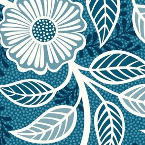 47 Soft Spring- Victorian Floral- Off White on Peacock Blue- Climbing Vine with Flowers- Petal Signature Solids- Turquoise Blue- Teal Blue- Natural- William Morris Wallpaper- Large