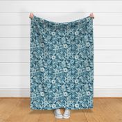 47 Soft Spring- Victorian Floral- Off White on Peacock Blue- Climbing Vine with Flowers- Petal Signature Solids- Turquoise Blue- Teal Blue- Natural- William Morris Wallpaper- Medium