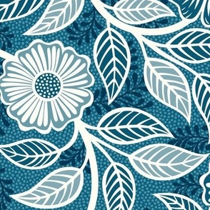 47 Soft Spring- Victorian Floral- Off White on Peacock Blue- Climbing Vine with Flowers- Petal Signature Solids- Turquoise Blue- Teal Blue- Natural- William Morris Wallpaper- Medium