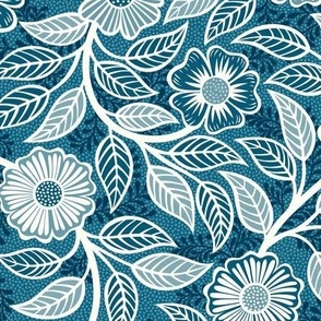 47 Soft Spring- Victorian Floral- Off White on Peacock Blue- Climbing Vine with Flowers- Petal Signature Solids- Turquoise Blue- Teal Blue- Natural- William Morris Wallpaper- Small