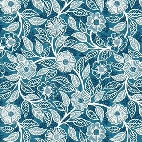 47 Soft Spring- Victorian Floral- Off White on Peacock Blue- Climbing Vine with Flowers- Petal Signature Solids- Turquoise Blue- Teal Blue- Natural- William Morris Wallpaper- Mini
