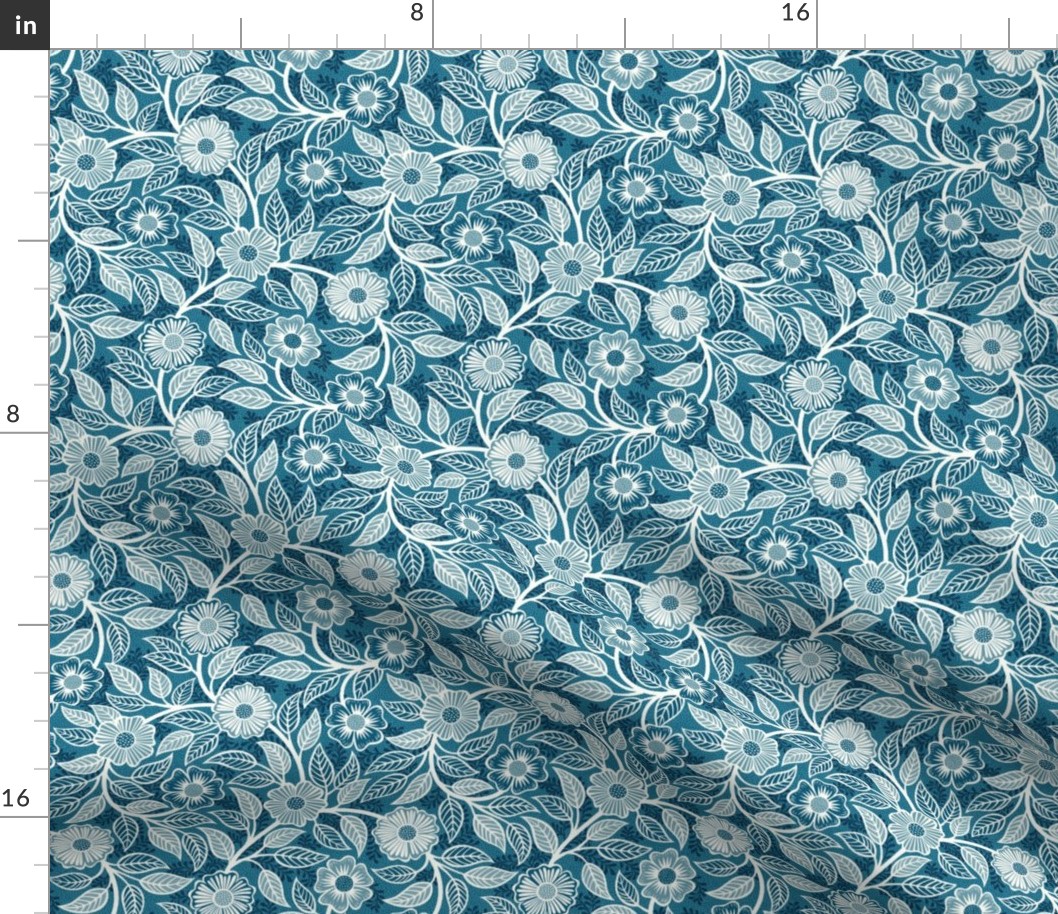 47 Soft Spring- Victorian Floral- Off White on Peacock Blue- Climbing Vine with Flowers- Petal Signature Solids- Turquoise Blue- Teal Blue- Natural- William Morris Wallpaper- Mini