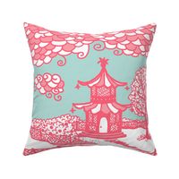 Cloud_Pagoda Fretwork coral/aqua