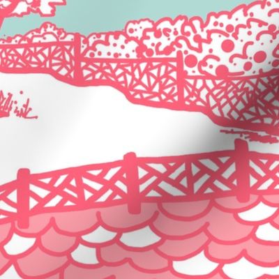 Cloud_Pagoda Fretwork coral/aqua