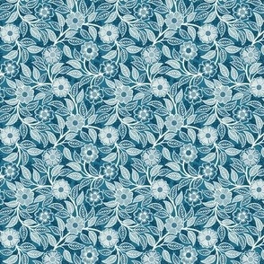 47 Soft Spring- Victorian Floral- Off White on Peacock Blue- Climbing Vine with Flowers- Petal Signature Solids- Turquoise Blue- Teal Blue- Natural- William Morris Wallpaper- Micro
