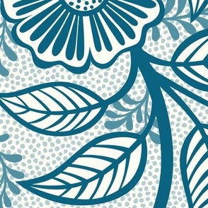 47 Soft Spring- Victorian Floral- Peacock Blue on Off White- Climbing Vine with Flowers- Petal Signature Solids- Turquoise Blue- Teal Blue- Natural- William Morris Wallpaper- Extra Large