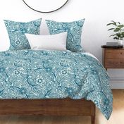 47 Soft Spring- Victorian Floral- Peacock Blue on Off White- Climbing Vine with Flowers- Petal Signature Solids- Turquoise Blue- Teal Blue- Natural- William Morris Wallpaper- Large