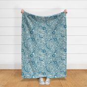 47 Soft Spring- Victorian Floral- Peacock Blue on Off White- Climbing Vine with Flowers- Petal Signature Solids- Turquoise Blue- Teal Blue- Natural- William Morris Wallpaper- Large