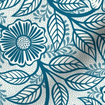 47 Soft Spring- Victorian Floral- Peacock Blue on Off White- Climbing Vine with Flowers- Petal Signature Solids- Turquoise Blue- Teal Blue- Natural- William Morris Wallpaper- Medium