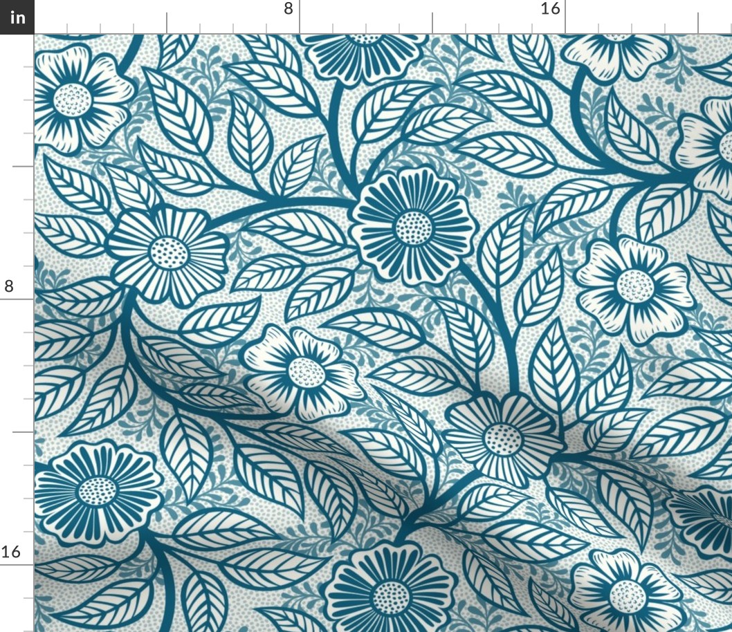 47 Soft Spring- Victorian Floral- Peacock Blue on Off White- Climbing Vine with Flowers- Petal Signature Solids- Turquoise Blue- Teal Blue- Natural- William Morris Wallpaper- Medium