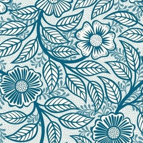 47 Soft Spring- Victorian Floral- Peacock Blue on Off White- Climbing Vine with Flowers- Petal Signature Solids- Turquoise Blue- Teal Blue- Natural- William Morris Wallpaper- Small