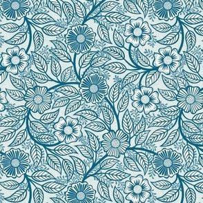 47 Soft Spring- Victorian Floral- Peacock Blue on Off White- Climbing Vine with Flowers- Petal Signature Solids- Turquoise Blue- Teal Blue- Natural- William Morris Wallpaper- Mini
