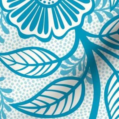 48 Soft Spring- Victorian Floral- Caribbean Blue on Off White- Climbing Vine with Flowers- Petal Signature Solids- Turquoise Blue- Teal Blue- Natural- William Morris Wallpaper- Extra Large