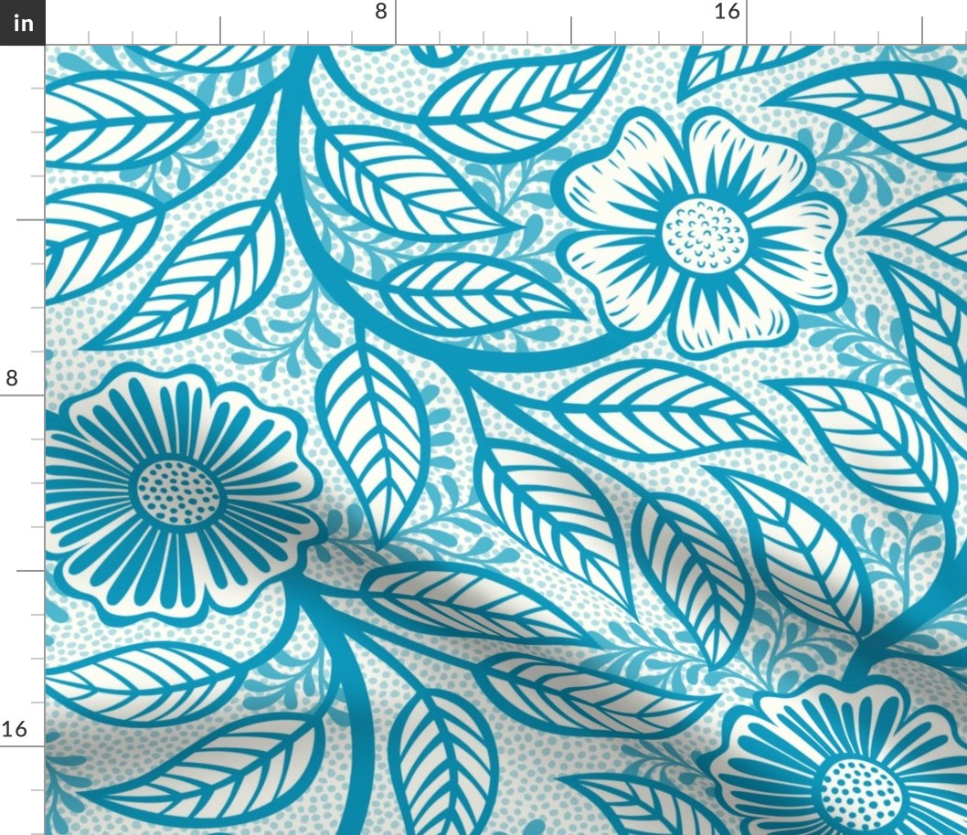 48 Soft Spring- Victorian Floral- Caribbean Blue on Off White- Climbing Vine with Flowers- Petal Signature Solids- Turquoise Blue- Teal Blue- Natural- William Morris Wallpaper- Extra Large