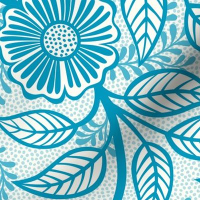 48 Soft Spring- Victorian Floral- Caribbean Blue on Off White- Climbing Vine with Flowers- Petal Signature Solids- Turquoise Blue- Teal Blue- Natural- William Morris Wallpaper- Large
