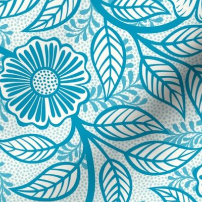 48 Soft Spring- Victorian Floral- Caribbean Blue on Off White- Climbing Vine with Flowers- Petal Signature Solids- Turquoise Blue- Teal Blue- Natural- William Morris Wallpaper- Medium