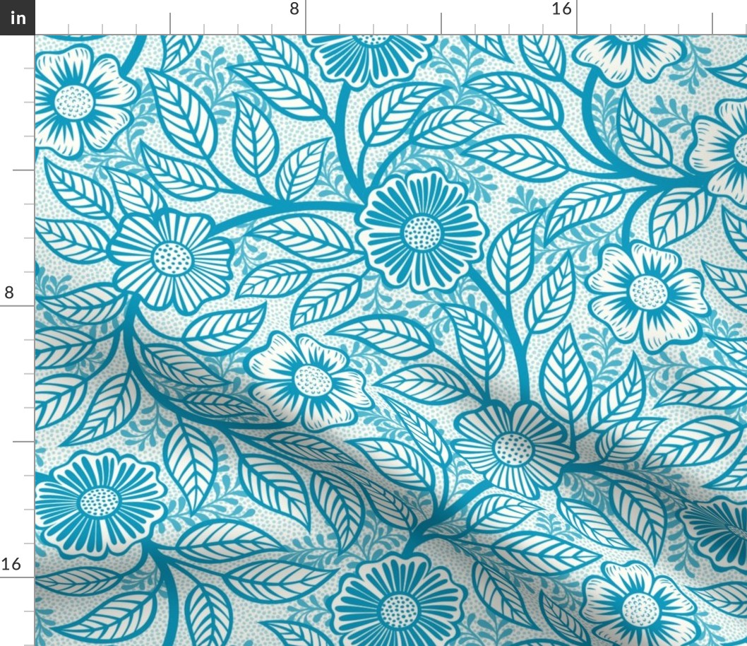 48 Soft Spring- Victorian Floral- Caribbean Blue on Off White- Climbing Vine with Flowers- Petal Signature Solids- Turquoise Blue- Teal Blue- Natural- William Morris Wallpaper- Medium