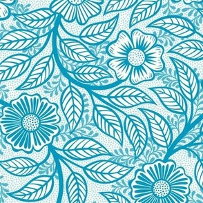 48 Soft Spring- Victorian Floral- Caribbean Blue on Off White- Climbing Vine with Flowers- Petal Signature Solids- Turquoise Blue- Teal Blue- Natural- William Morris Wallpaper- Small
